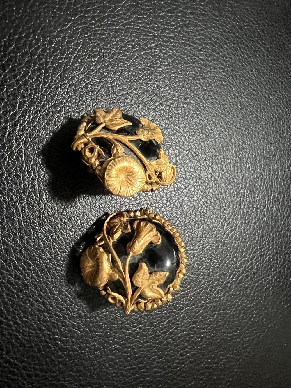 MMA Art Nouveau Vintage replica Gold-Tone Floral Earrings with Black Cabochon
